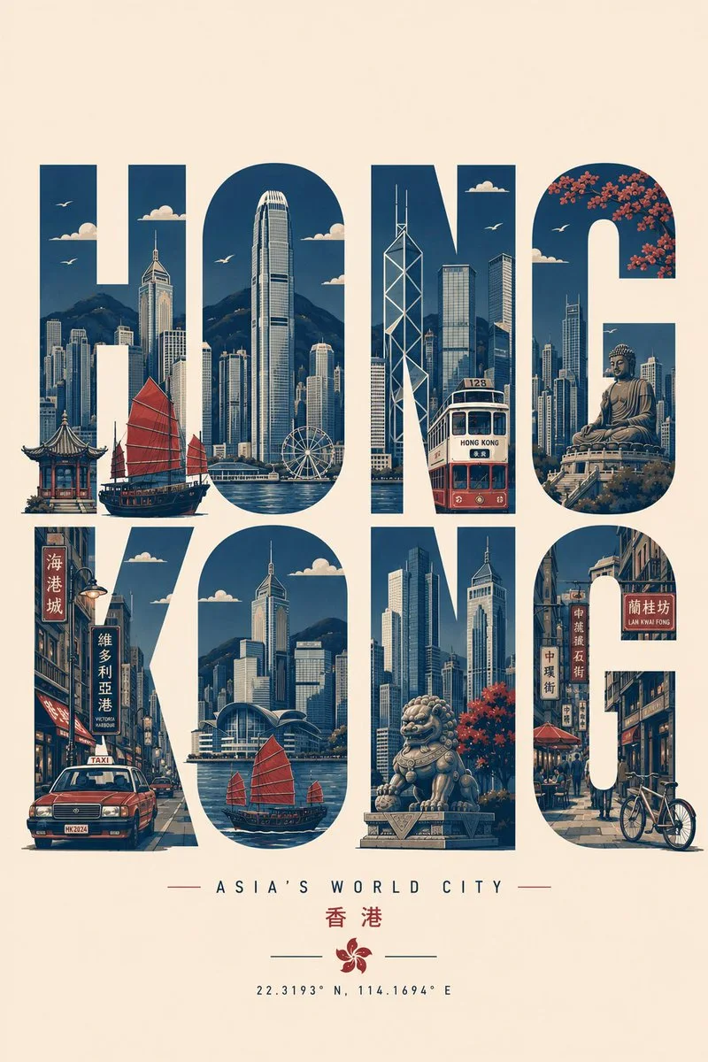 A museum-quality flat-vector travel poster spelling a city name using its skyline and cultural symbols.