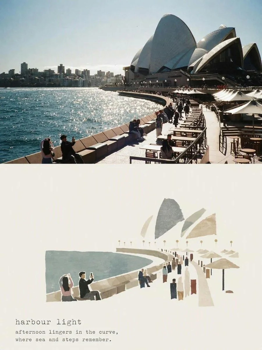 A minimalist editorial travel-journal poster showing a harbor promenade and the Sydney Opera House on warm ivory paper with a small hand-painted illustration and typewriter text.