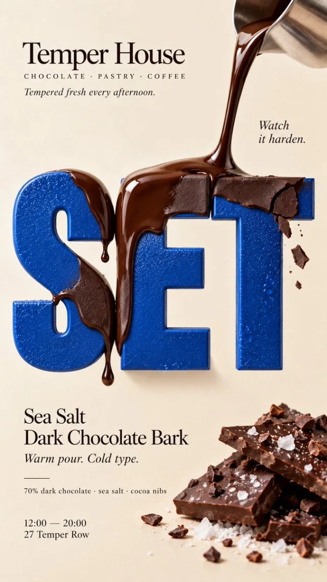 A chocolate poster where liquid chocolate hardens on contact with cold blue letters spelling SET.