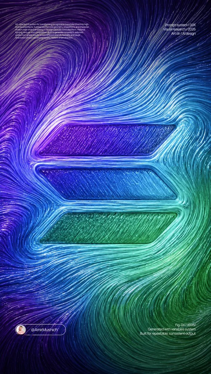 A blue, purple, and green viscous fiber-flow relief visualization of a three-bar logo embedded into dense flowing resin-like ridges with anisotropic highlights.
