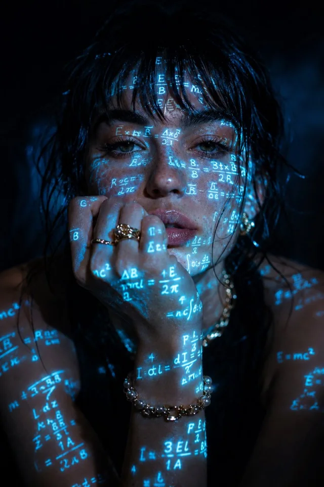 A dark cinematic close-up portrait of a woman with wet tousled hair, cyan glowing handwritten math formulas projected across her face, hand, neck and shoulders.